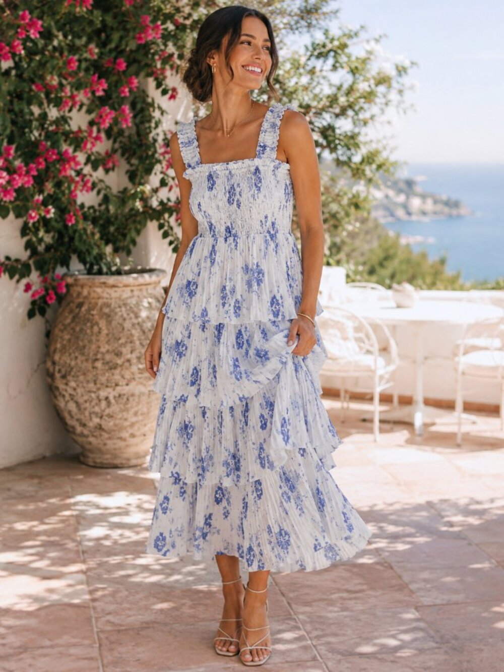 GANNI Pleated Georgette Flounce Smocked Midi Dress size 36 US 4 Blue/White
